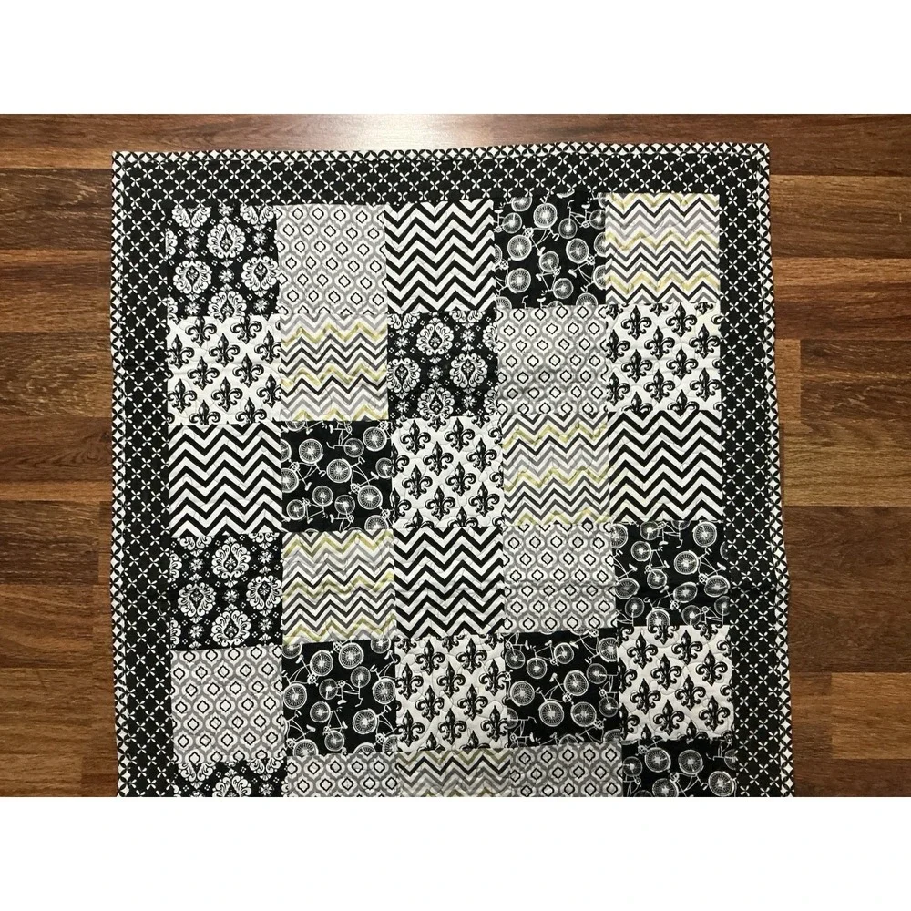 Handcrafted By Dee Black & White Patchwork Quilt 40in X 30in Bicycles & Chevron